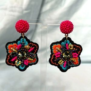 Handmade Colorful Seed Bead Embroidered Flower Design Bohemian Dangle Earrings